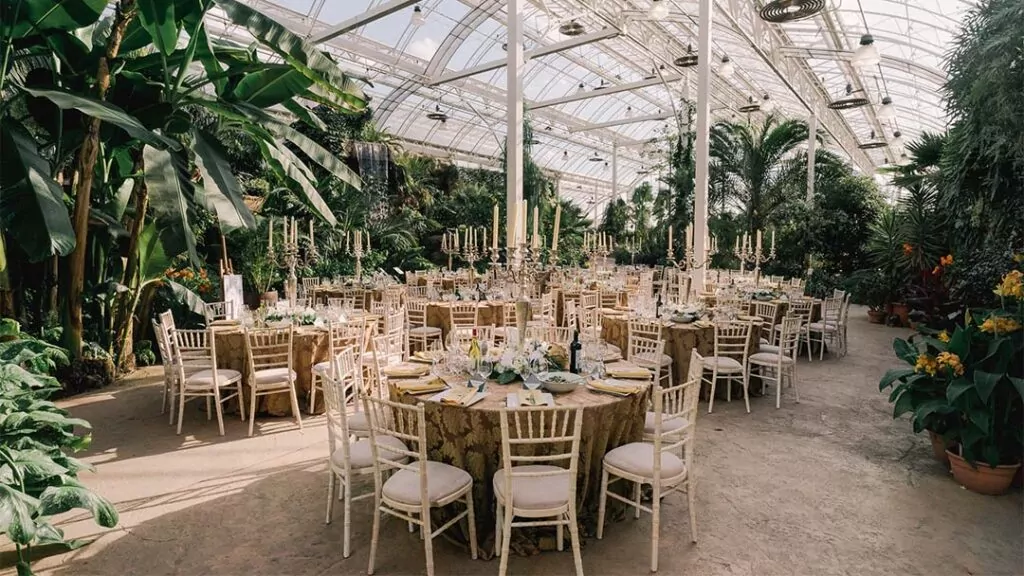 RHS Garden Wisley - Wedding Reception Table Setup Candelabras Tropical